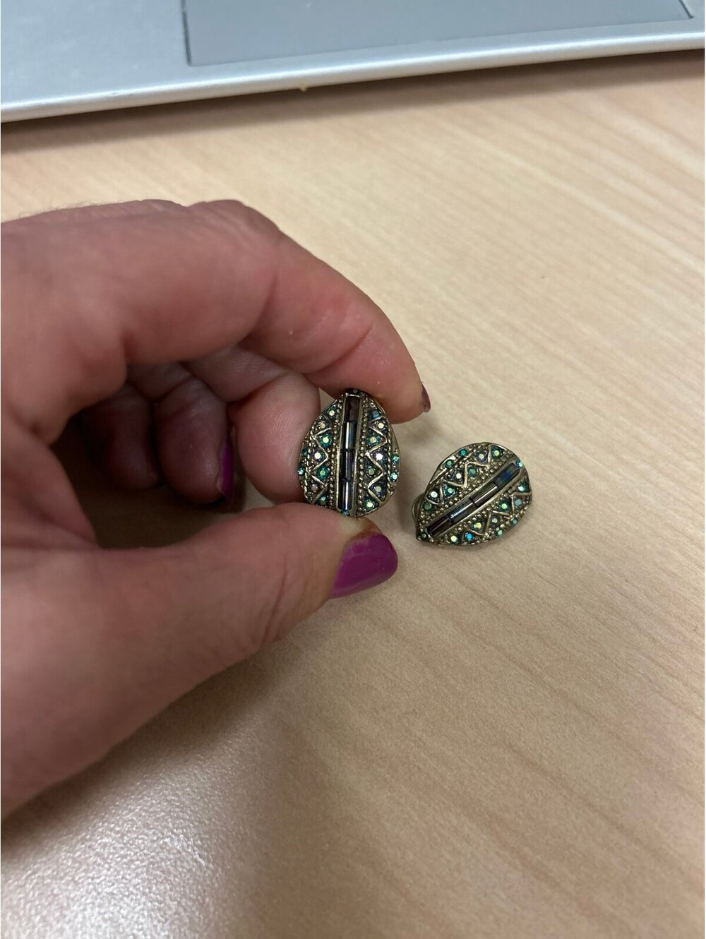 Vintage Teal and Purple Tiny Rhinestone Clip on Earrings